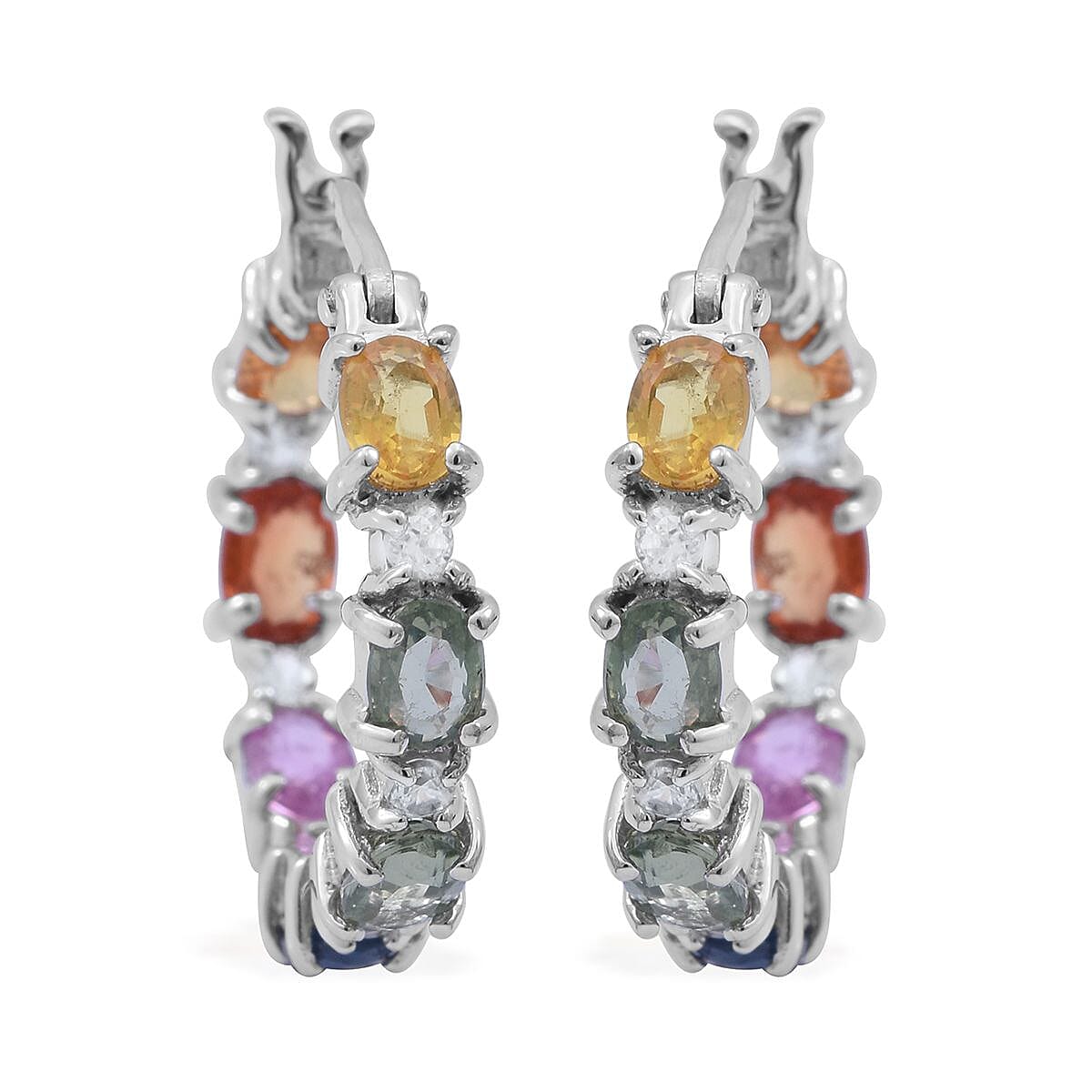 Multi Sapphire and White Zircon Hoop Earrings in Platinum Over Sterling Silver 4.00 ctw