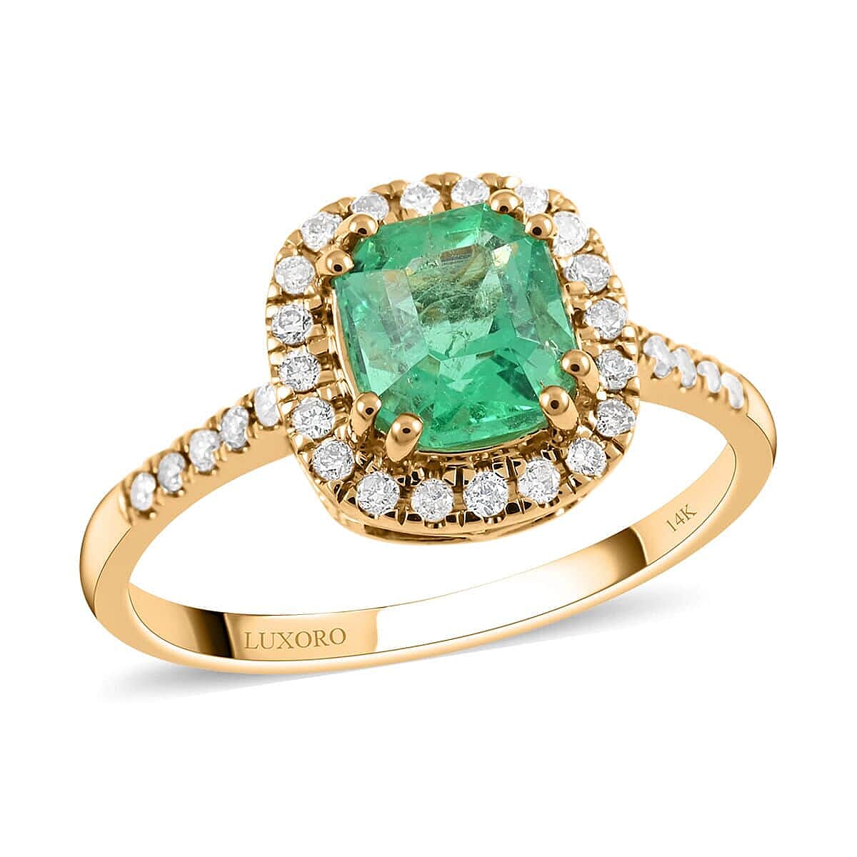Certified LUXORO 14K Yellow Gold AAA Boyaca Colombian Emerald and G-H I2 Diamond Halo Ring 2.55 Grams 1.65 ctw