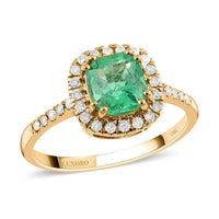 Certified LUXORO 14K Yellow Gold AAA Boyaca Colombian Emerald and G-H I2 Diamond Halo Ring 2.55 Grams 1.65 ctw