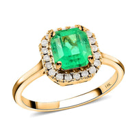 Certified LUXORO 14K Yellow Gold AAA Boyaca Colombian Emerald and G-H I2 Diamond Halo Ring 2.85 Grams 1.50 ctw