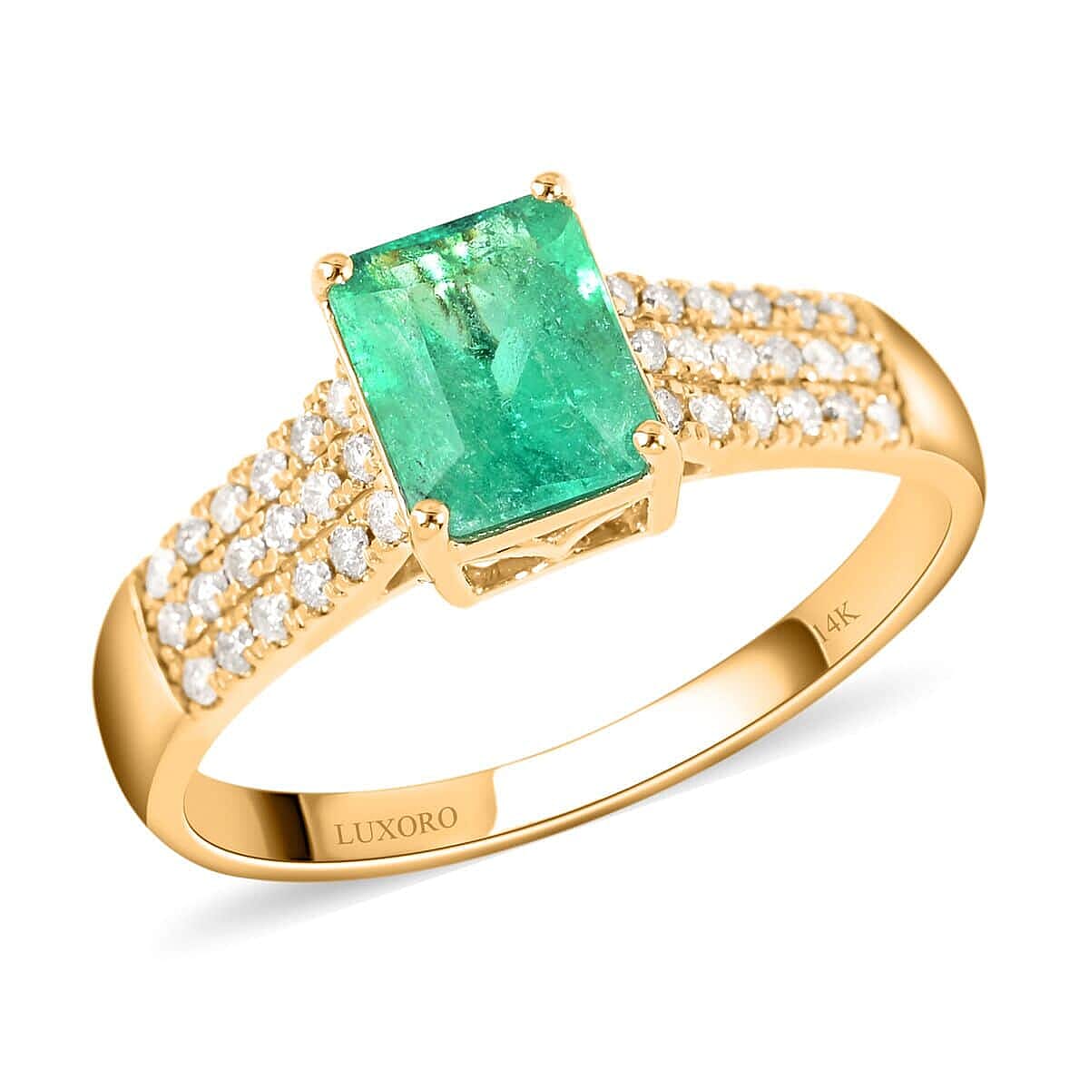 Certified LUXORO 14K Yellow Gold AAA Boyaca Colombian Emerald and G-H I2 Diamond Ring 3.28 Grams 1.65 ctw