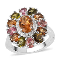 Multi-Tourmaline and Natural White Zircon Floral Ring in Platinum Over Sterling Silver (Size 10.0) 2.90 ctw