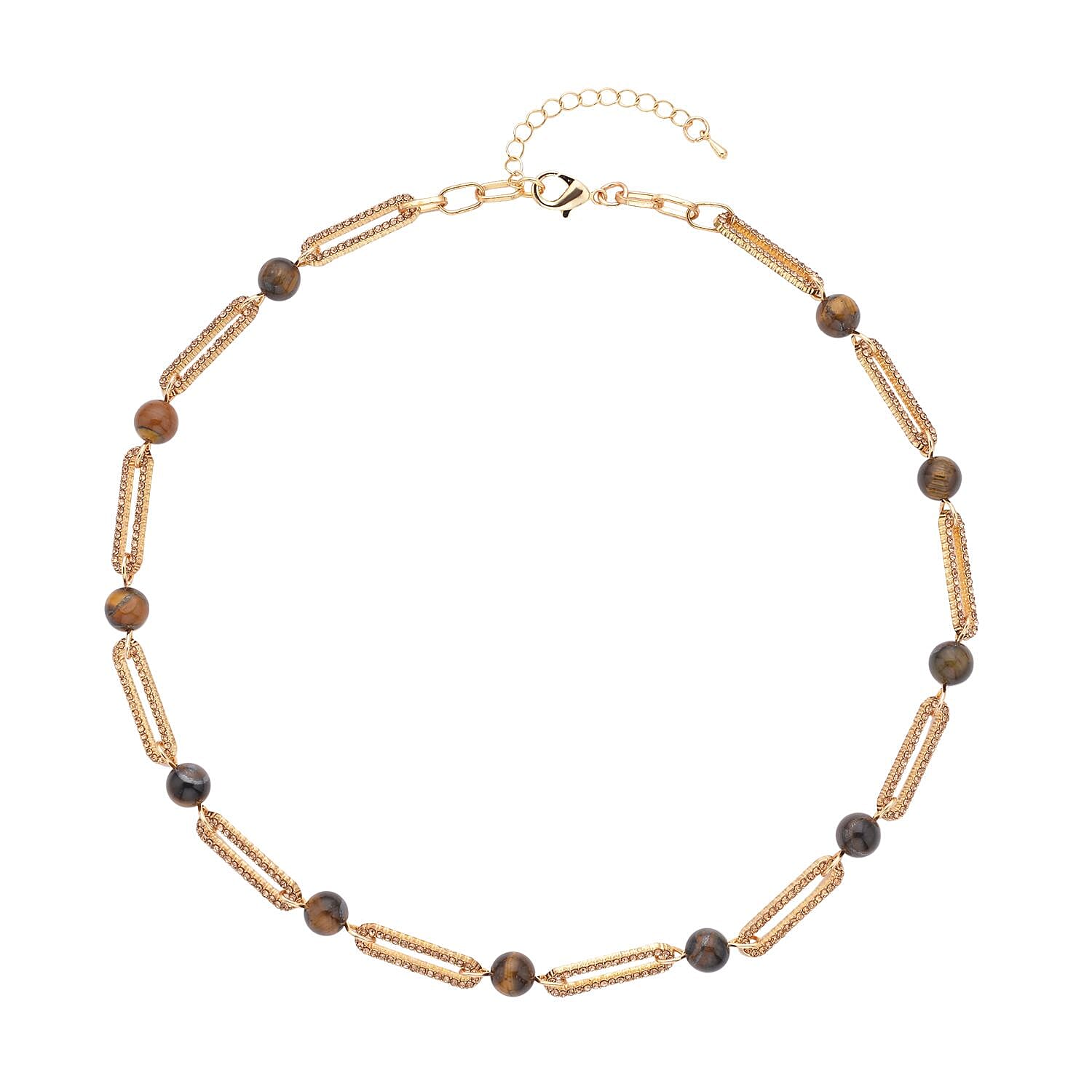 Doorbuster South African Yellow Tiger's Eye, Champagne Austrian Crystal Paper Clip Necklace (20-22 Inches) in Goldtone 50.00 ctw