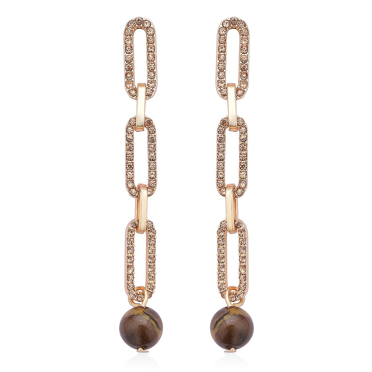 Doorbuster South African Yellow Tiger's Eye and Champagne Austrian Crystal Paper Clip Earrings in Goldtone 6.00 ctw