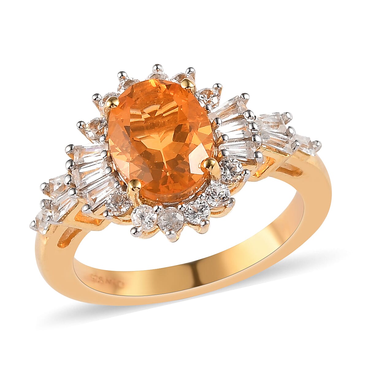 Jalisco Fire Opal and Natural White Zircon Floral Ring in Vermeil Yellow Gold Over Sterling Silver 2.20 ctw