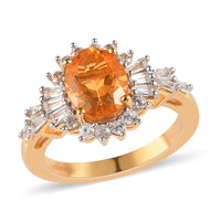 Jalisco Fire Opal and Natural White Zircon Floral Ring in Vermeil Yellow Gold Over Sterling Silver 2.20 ctw