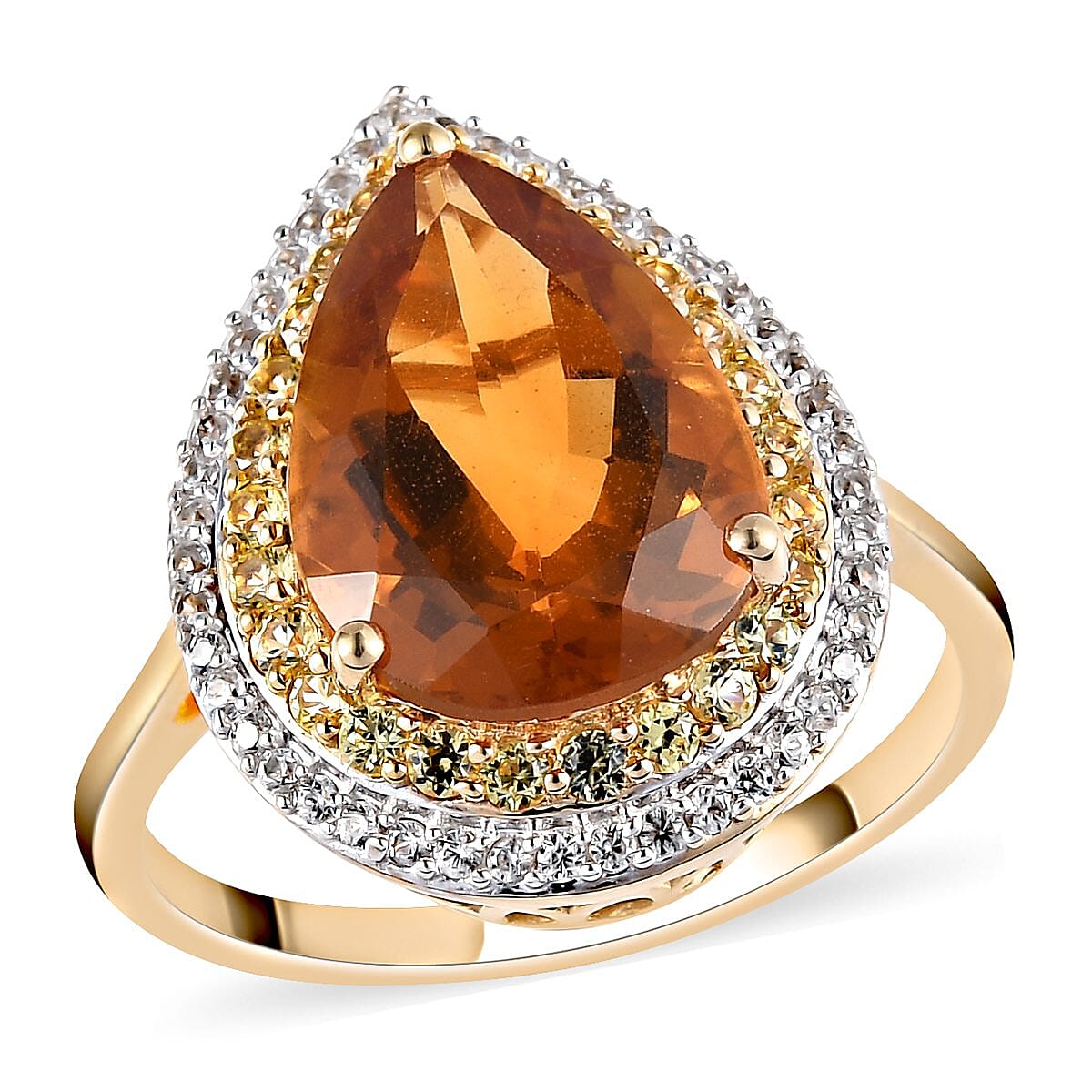Santa Ana Madeira Citrine and Multi Gemstone Double Halo Ring in Vermeil Yellow Gold Over Sterling Silver 5.80 ctw