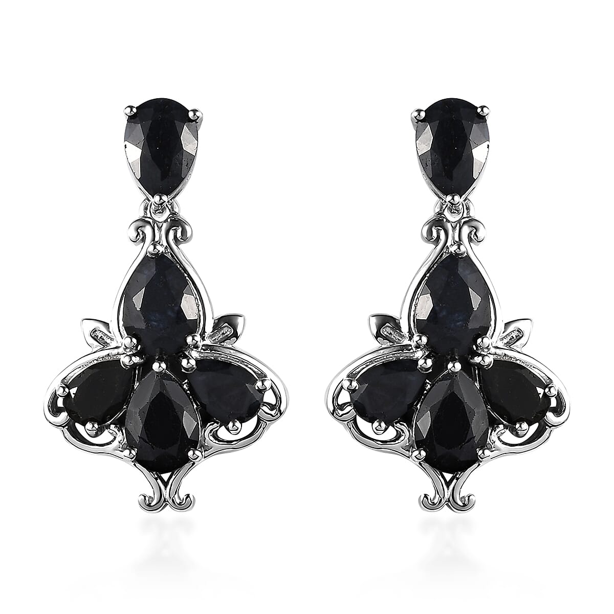 Australian Midnight Sapphire Dangling Earrings in Platinum Over Sterling Silver 8.50 ctw