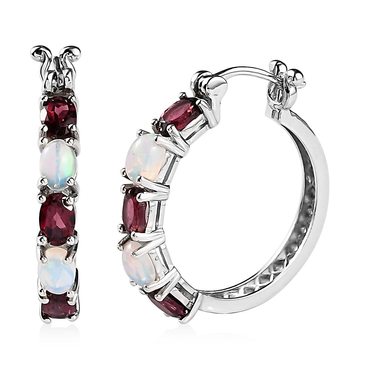 Tanzanian Wine Garnet and Ethiopian Welo Opal Hoop Earrings in Platinum Over Sterling Silver 4.80 ctw