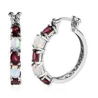 Tanzanian Wine Garnet and Ethiopian Welo Opal Hoop Earrings in Platinum Over Sterling Silver 4.80 ctw