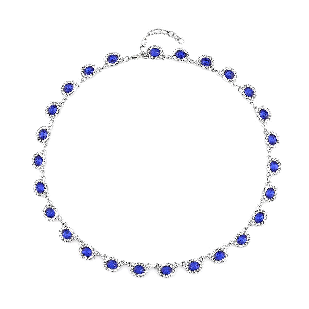 Simulated Blue Sapphire and White Austrian Crystal Necklace 20-22 Inches in Silvertone
