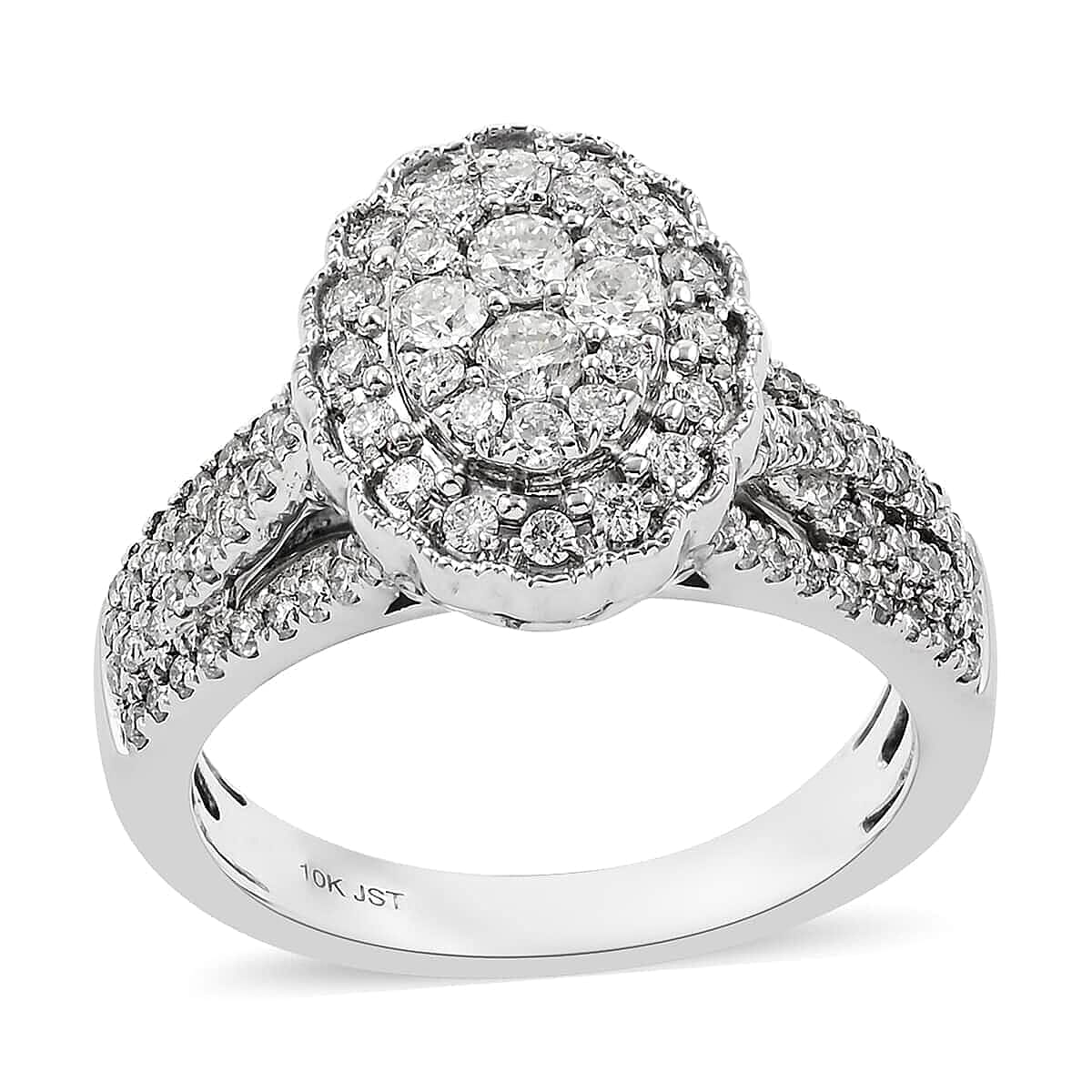 NY Closeout 10K White Gold Diamond I I2 Cluster Ring with Infinity Shank 6.70 Grams 1.00 ctw