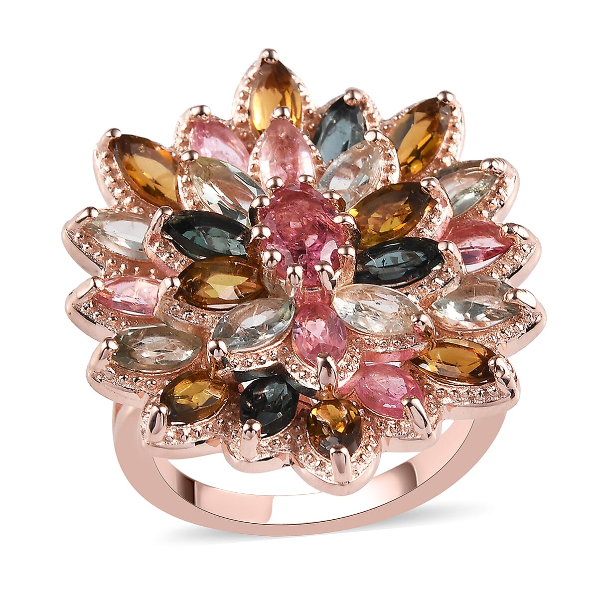 Multi-Tourmaline Floral Spray Ring in Vermeil Rose Gold Over Sterling Silver 7.25 Grams 4.25 ctw