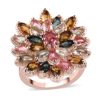 Multi-Tourmaline Floral Spray Ring in Vermeil Rose Gold Over Sterling Silver 7.25 Grams 4.25 ctw