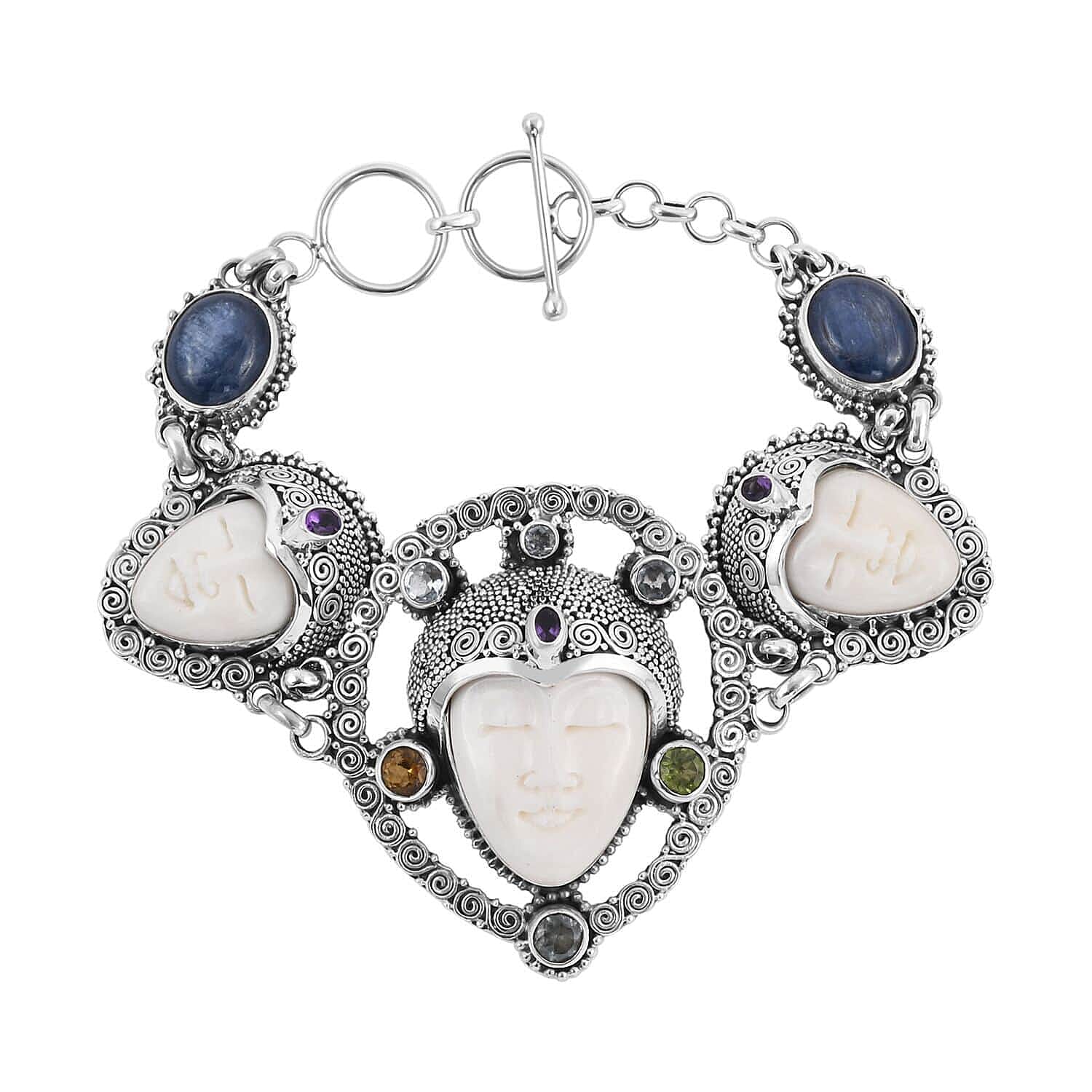 Bali Legacy Carved Bone and Multi Gemstone Toggle Clasp Bracelet in Sterling Silver (7.50 In) 9.00 ctw