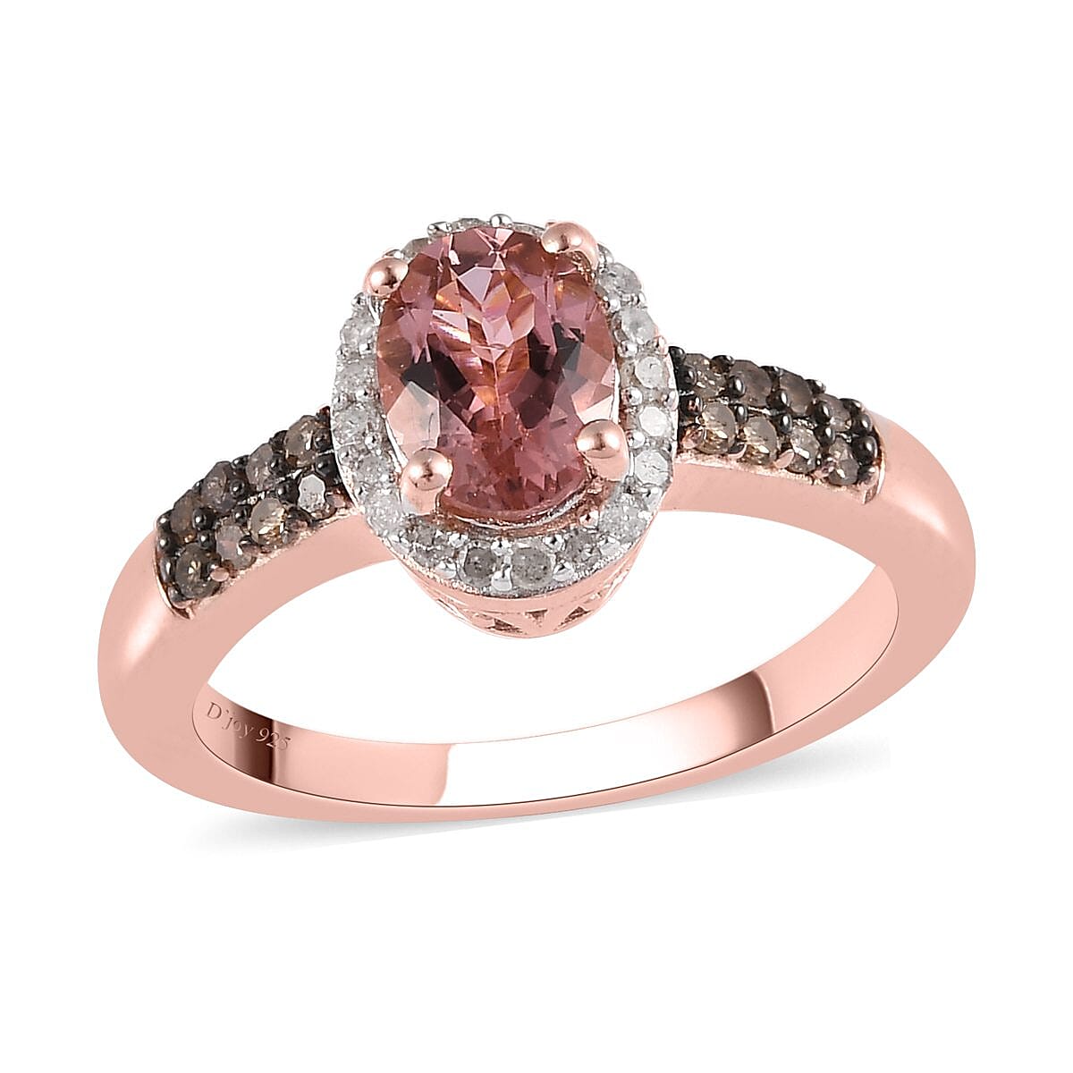 Natural Blush Tourmaline, Natural Champagne and White Diamond (0.28 cts) Ring in Vermeil RG Over Sterling Silver (Size 10.0) 1.15 ctw