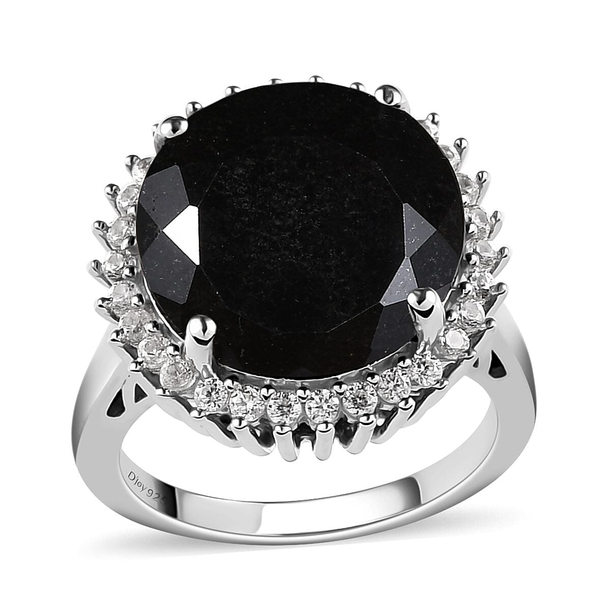 Australian Black Tourmaline and Natural White Zircon Halo Ring in Platinum Over Sterling Silver 12.00 ctw
