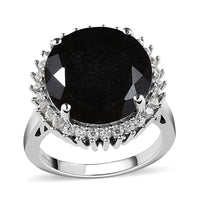 Australian Black Tourmaline and Natural White Zircon Halo Ring in Platinum Over Sterling Silver 12.00 ctw