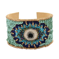 Multi Color Glass Seed Beaded Cuff Bracelet (7.0 In) and Dangle Earrings in Goldtone