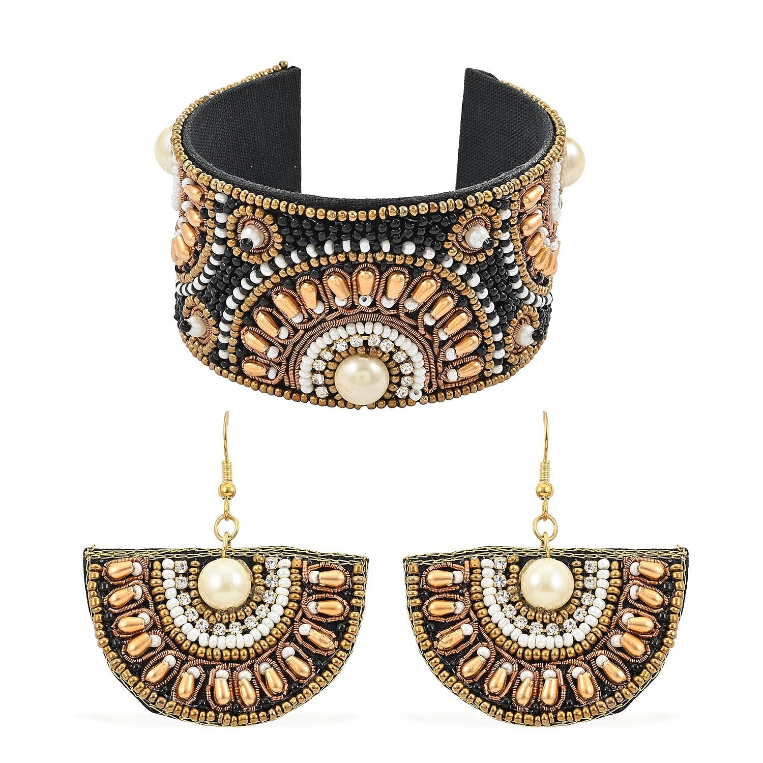 Glass Seed Beaded Cuff Bracelet and Earrings in Goldton