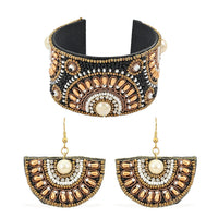 Glass Seed Beaded Cuff Bracelet and Earrings in Goldton