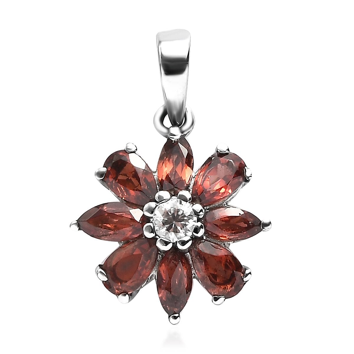 Mozambique Garnet and Natural White Zircon Flower Pendant in Stainless Steel 2.00 ctw