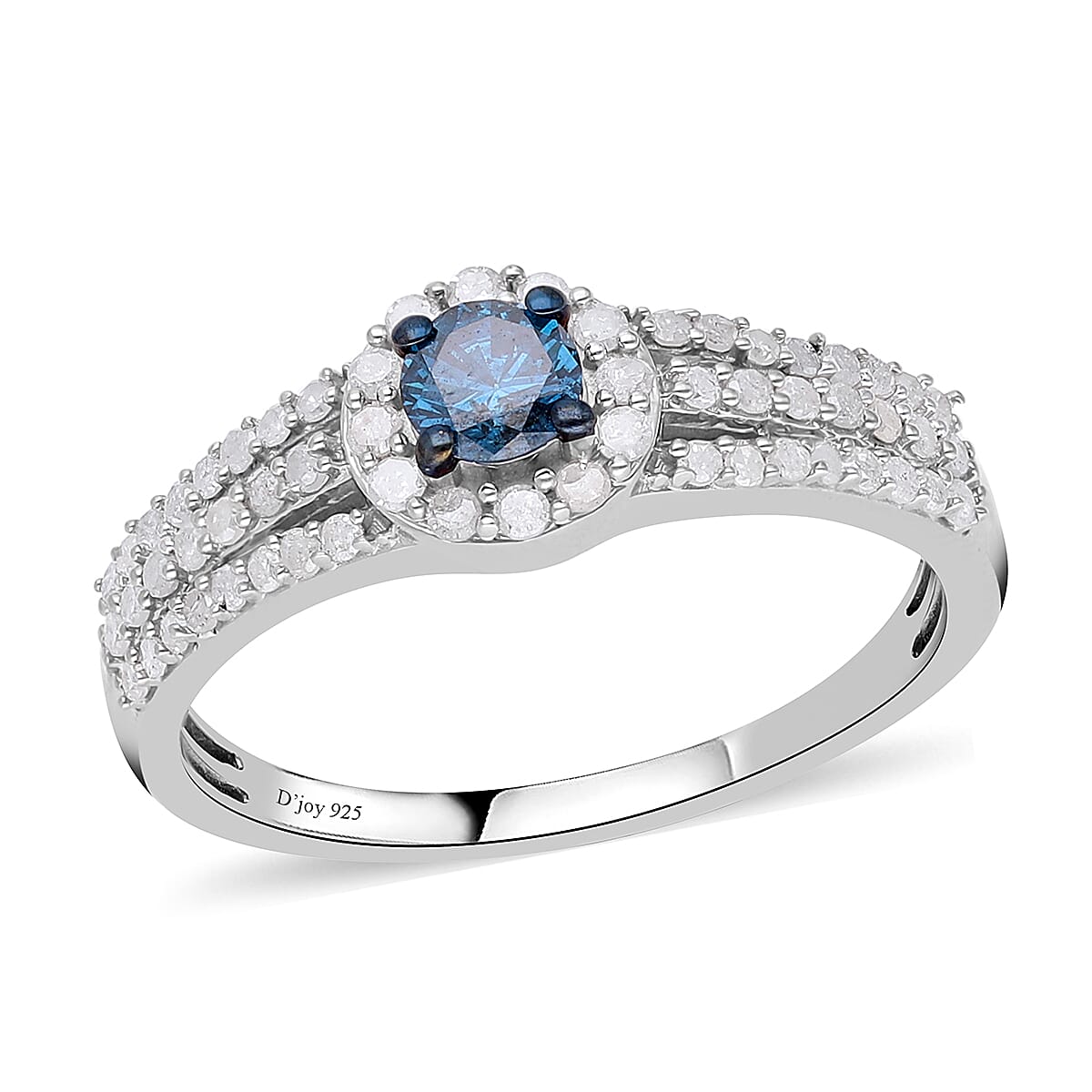 Blue and White Diamond Cocktail Ring in Rhodium & Platinum Over Sterling Silver 1.00 ctw