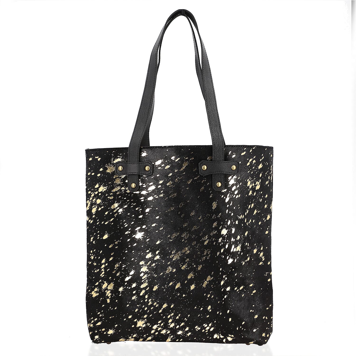 100% Genuine Hair on Leather Tote Bag Black/Golden
