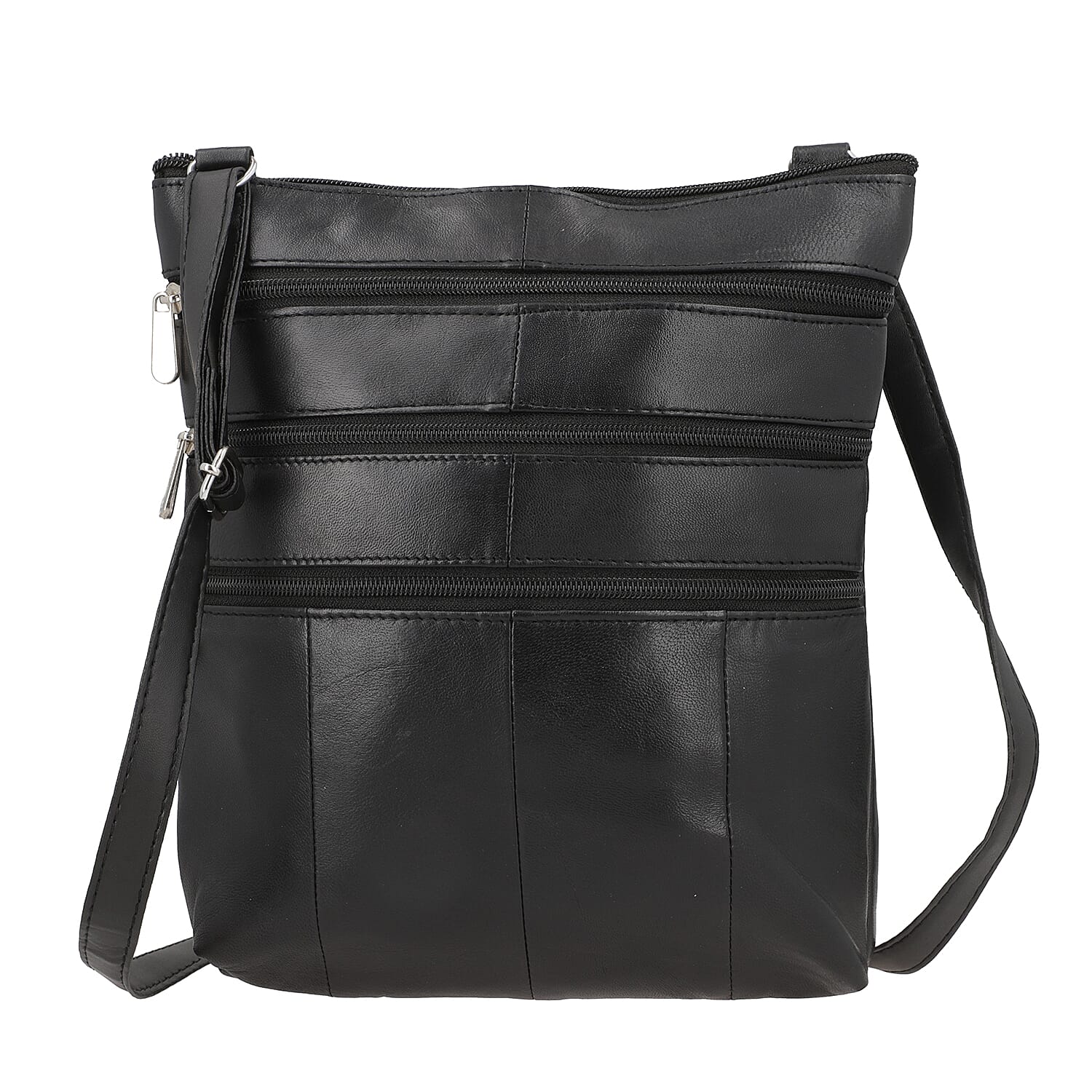 100% Genuine Leather Crossbody Bag;   Color: Black;  Size: 9.50 L x 1.5 W x 11 H INCH