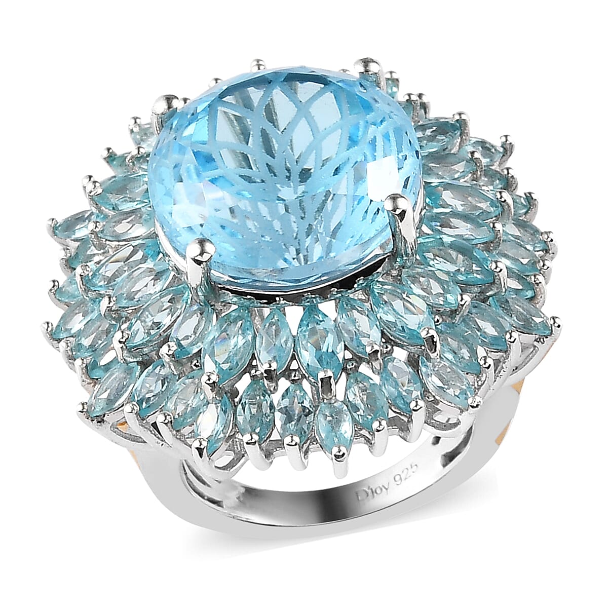 Blue Topaz and Madagascar Paraiba Apatite Floral Ring in Vermeil Yellow Gold and Platinum Over Sterling Silver (Size 10.0) 8.90 Grams 22.85 ctw