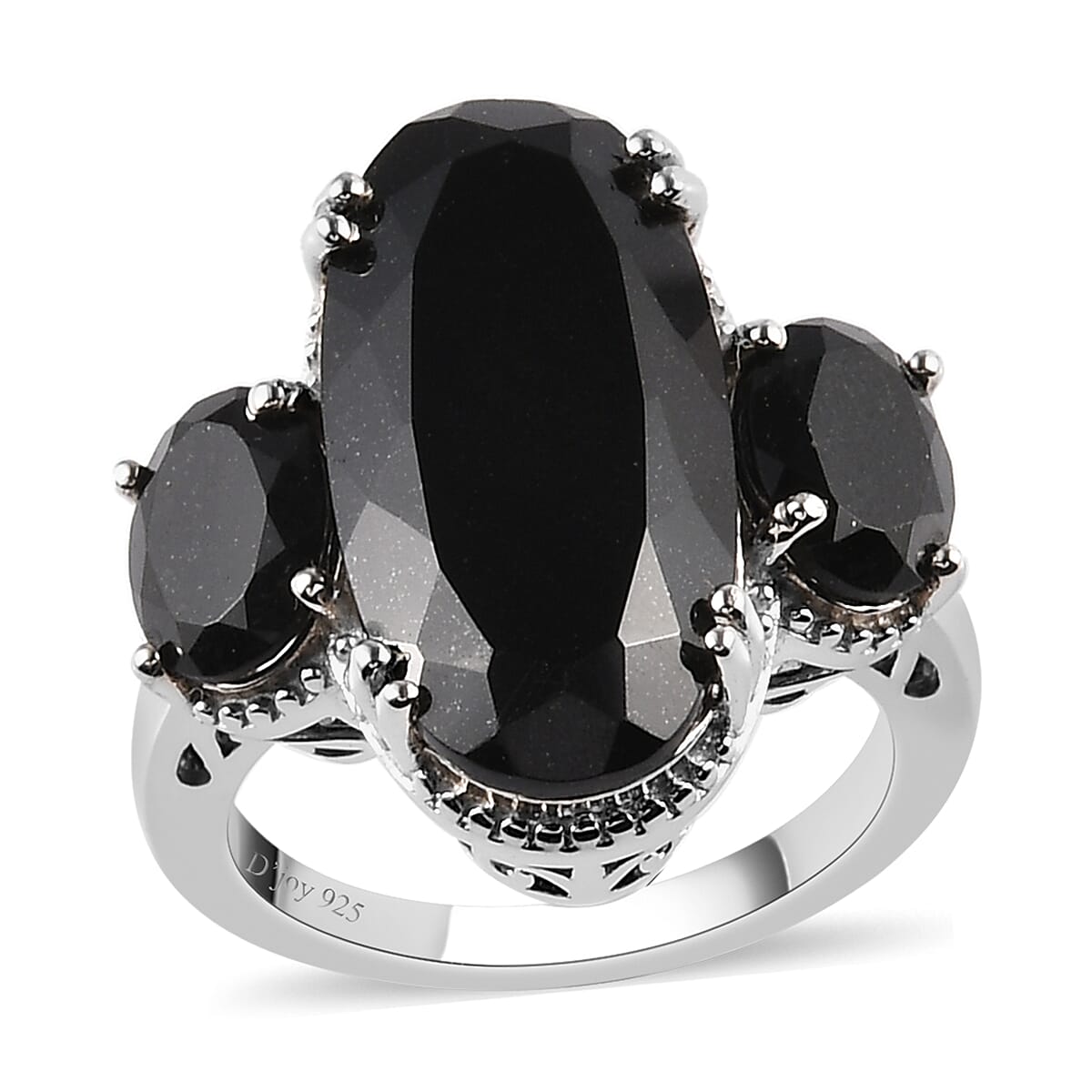Australian Black Tourmaline 3 Stone Ring in Platinum Over Sterling Silver 12.50 ctw