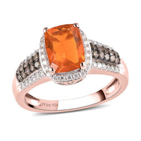 Jalisco Fire Opal, Moissanite and Natural Champagne Diamond Ring in Vermeil Rose Gold Over Sterling Silver 1.40 ctw