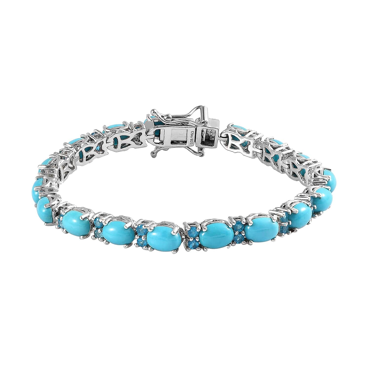 American Natural Sleeping Beauty Turquoise and Malgache Neon Apatite Bracelet in Platinum Over Sterling Silver (6.50 In) 11.70 Grams 13.20 ctw