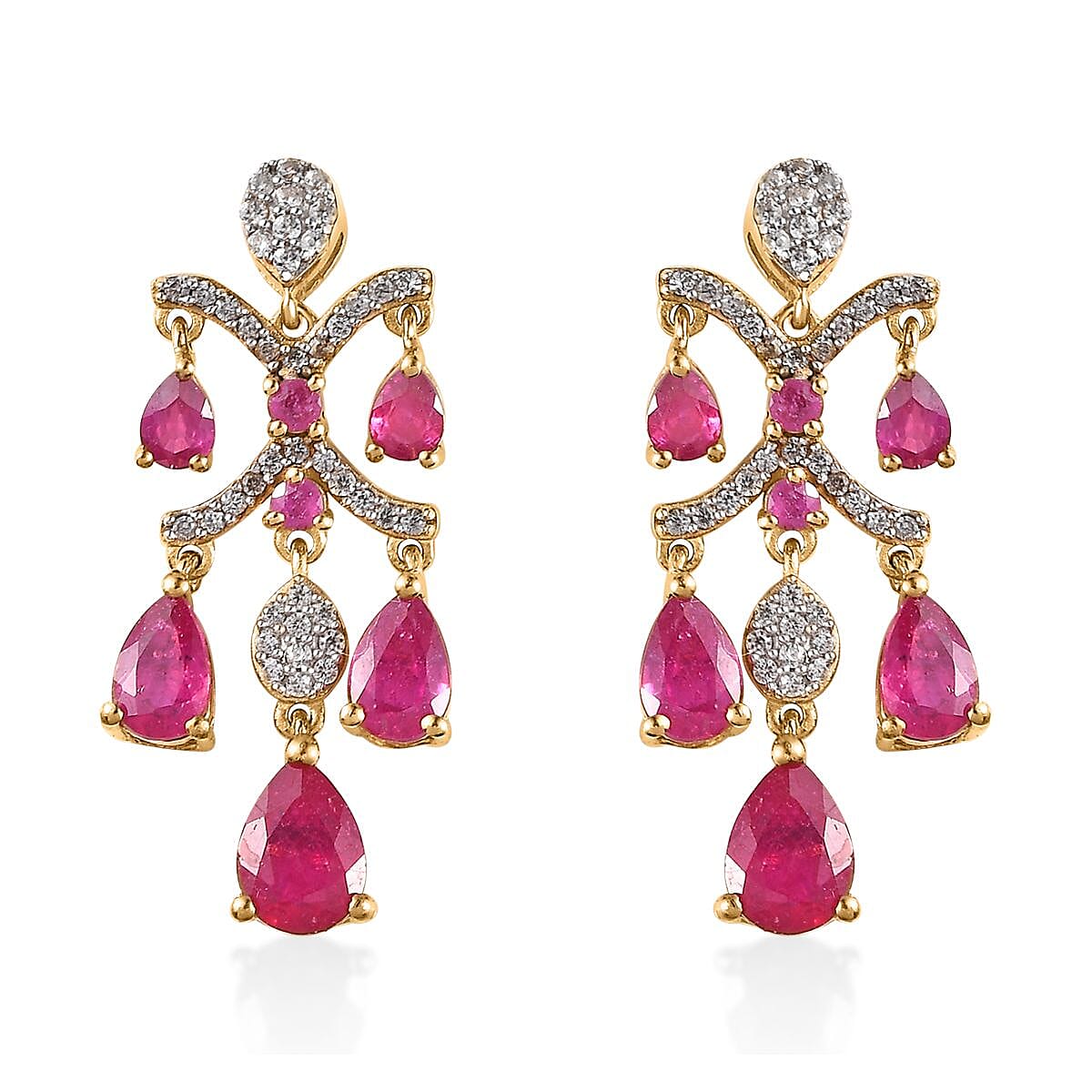 Pink Ruby (FF) and White Zircon Dangling Earrings in Vermeil YG Over Sterling Silver 6.25 ctw
