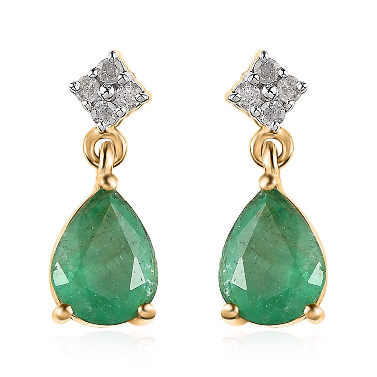Brazilian Emerald and Diamond Drop Earrings in Vermeil Yellow Gold Over Sterling Silver 2.10 ctw