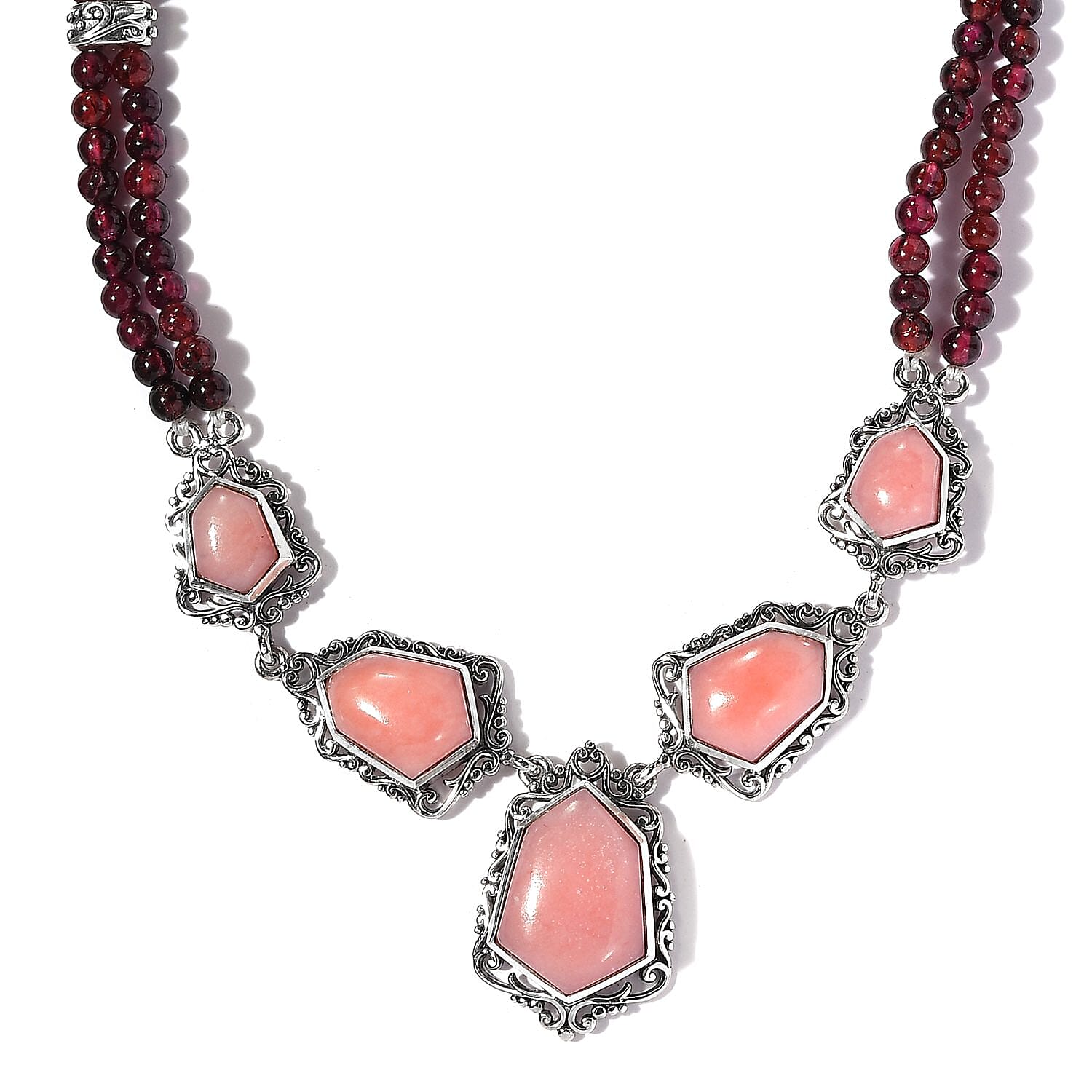 Peruvian Pink Opal and Orissa Rhodolite Garnet Necklace 18 Inches in Sterling Silver 13 Grams 86.15 ctw