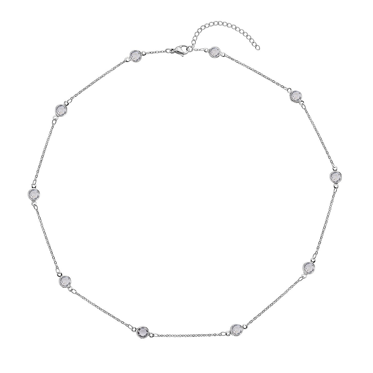 White Glass Station Necklace 20 Inches in Stainless Steel