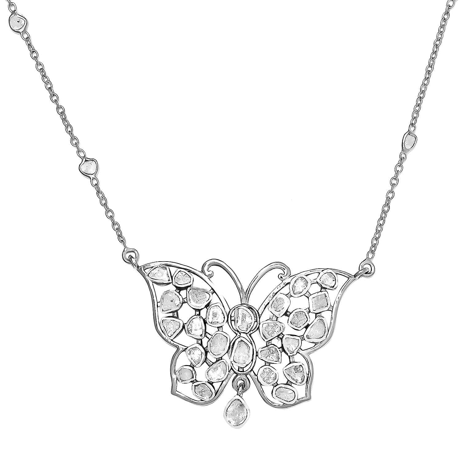 Polki Diamond Butterfly Necklace 20 Inches in Platinum Over Sterling Silver 9 Grams 2.00 ctw