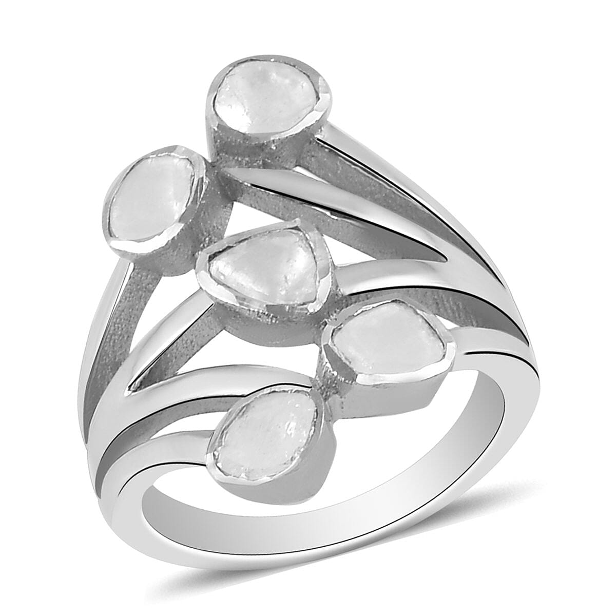 Polki Diamond Multi Shank Ring in Platinum Over Sterling Silver 0.50 ctw