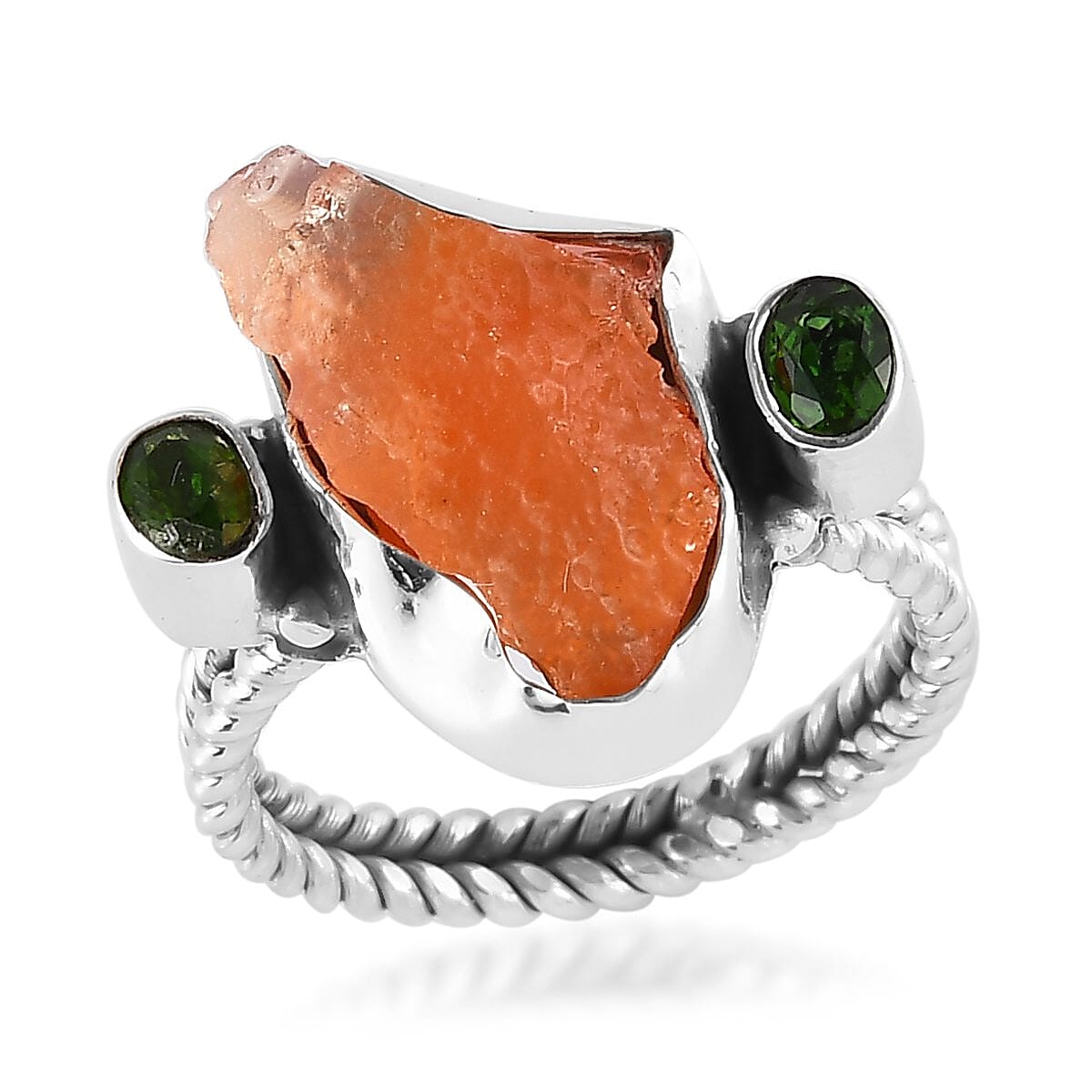 Artisan Crafted Rough Cut Jalisco Fire Opal and Natural Chrome Diopside Ring in Sterling Silver 5.40 ctw