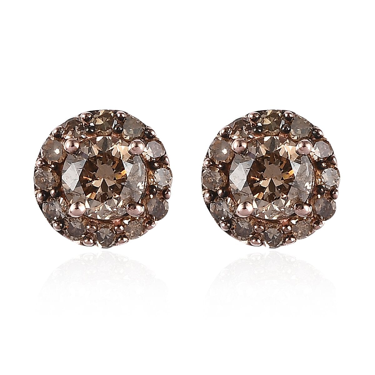 Natural Champagne Diamond Halo Stud Earrings in Vermeil RG Over Sterling Silver 1.00 ctw