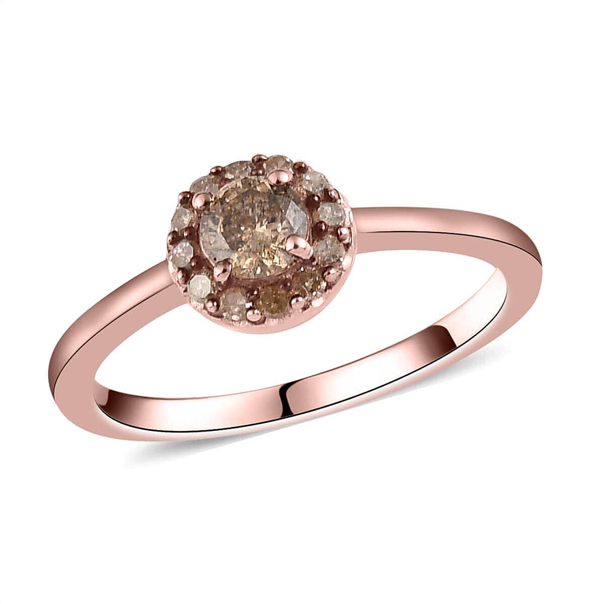 Natural Champagne Diamond Halo Ring in Vermeil Rose Gold Over Sterling Silver 0.50 ctw