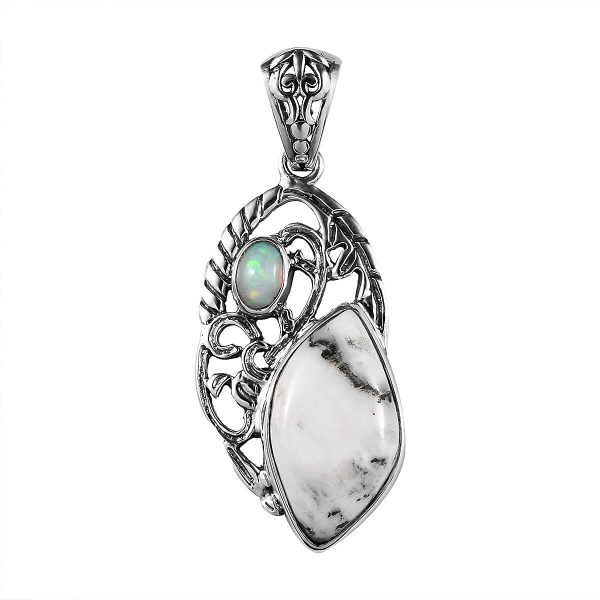 White Buffalo and Ethiopian Welo Opal Fancy Pendant in Sterling Silver 9.40 ctw
