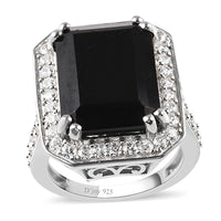 Australian Black Tourmaline and Natural White Zircon Ring in Platinum Over Sterling Silver 14.85 ctw