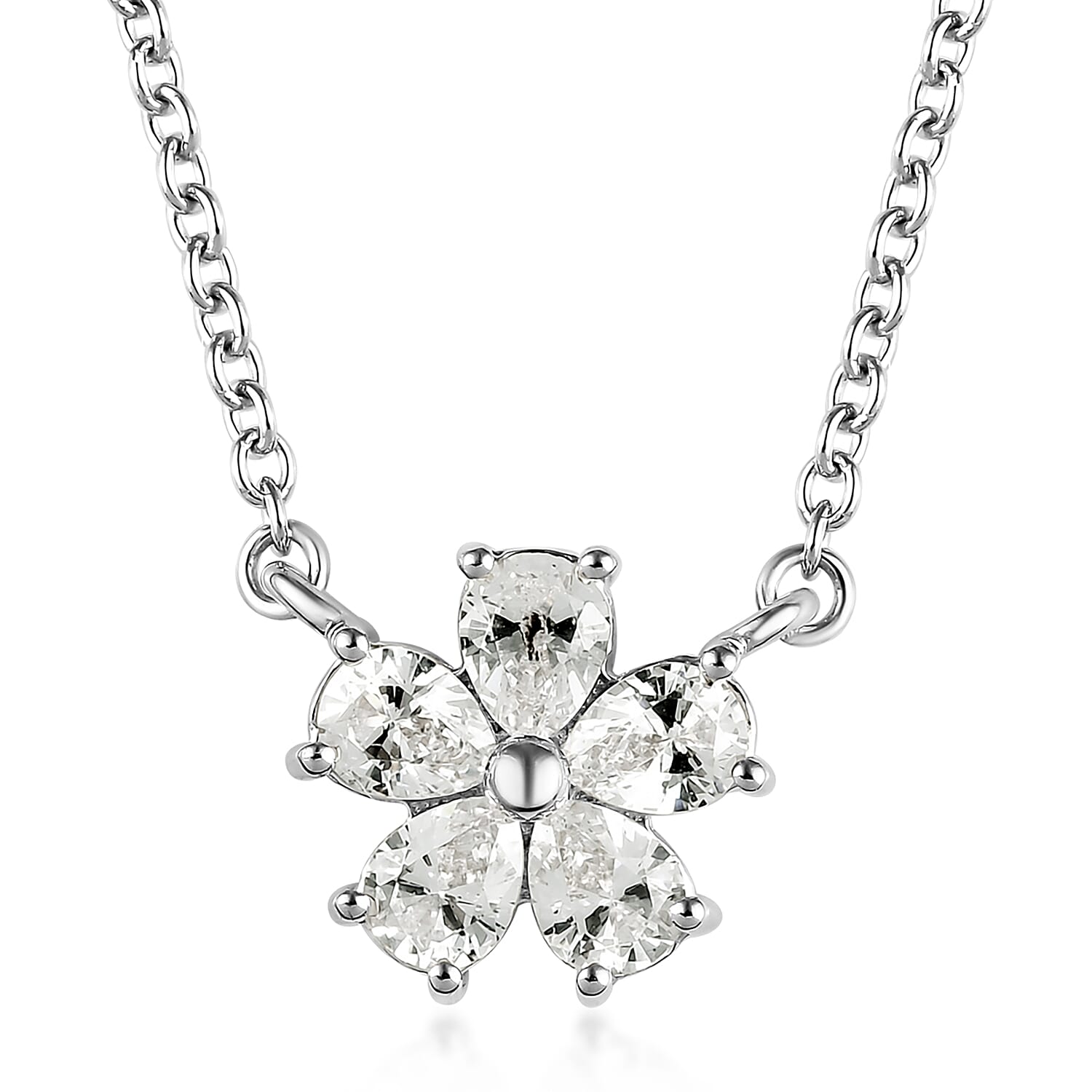 LUSTRO STELLA Made with Finest CZ Floral Necklace 20 Inches Platinum Over Sterling Silver and Stainless Steel 1.65 ctw