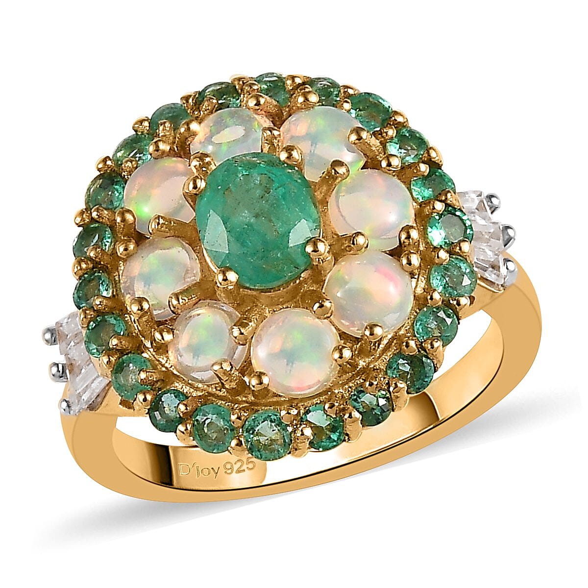 Boyaca Colombian Emerald and Multi Gemstone Cluster Ring in Vermeil Yellow Gold Over Sterling Silver 2.75 ctw