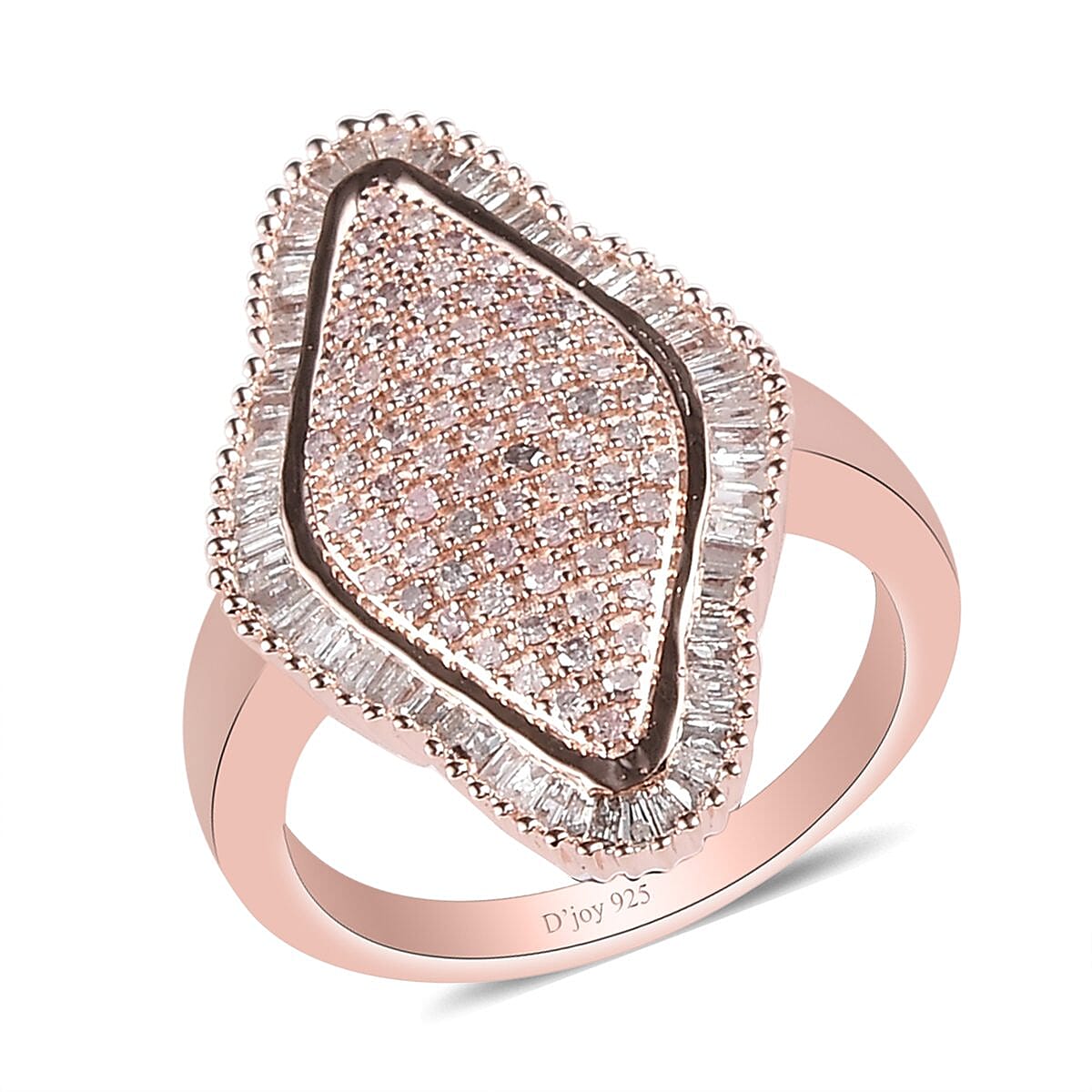 Natural White and Pink Diamond Elongated Ring in Vermeil Rose Gold Over Sterling Silver 1.00 ctw