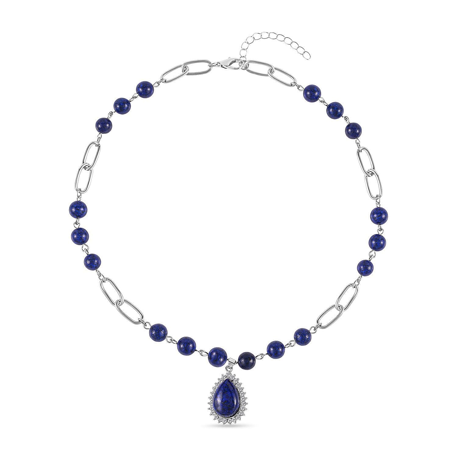 Lapis Lazuli and Austrian Crystal Paper Clip Chain Necklace 18-20 Inches in Silvertone 83.00 ctw