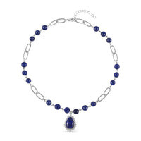 Lapis Lazuli and Austrian Crystal Paper Clip Chain Necklace 18-20 Inches in Silvertone 83.00 ctw
