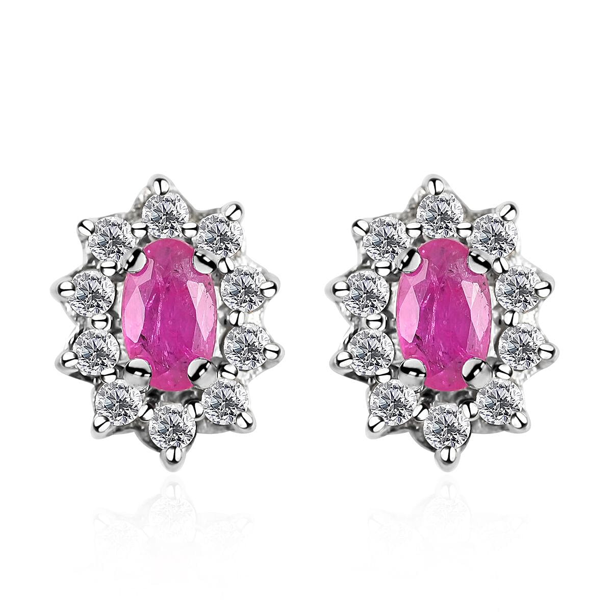 Premium Montepuez Ruby and White Zircon Floral Stud Earrings in Platinum Over Sterling Silver 1.00 ctw